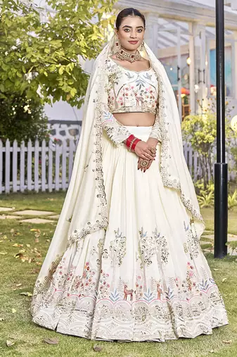 Off White Sequins Embroidered Polyester A Line Lehenga Choli with Dupatta