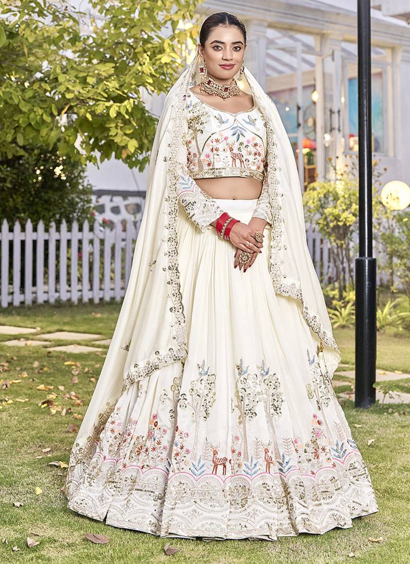 Off White Sequins Embroidered Polyester A Line Lehenga Choli with Dupatta