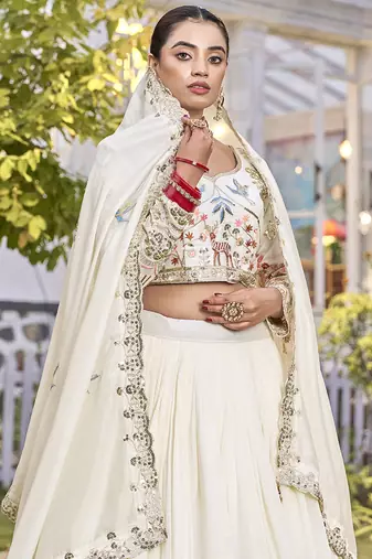 Off White Sequins Embroidered Polyester A Line Lehenga Choli with Dupatta
