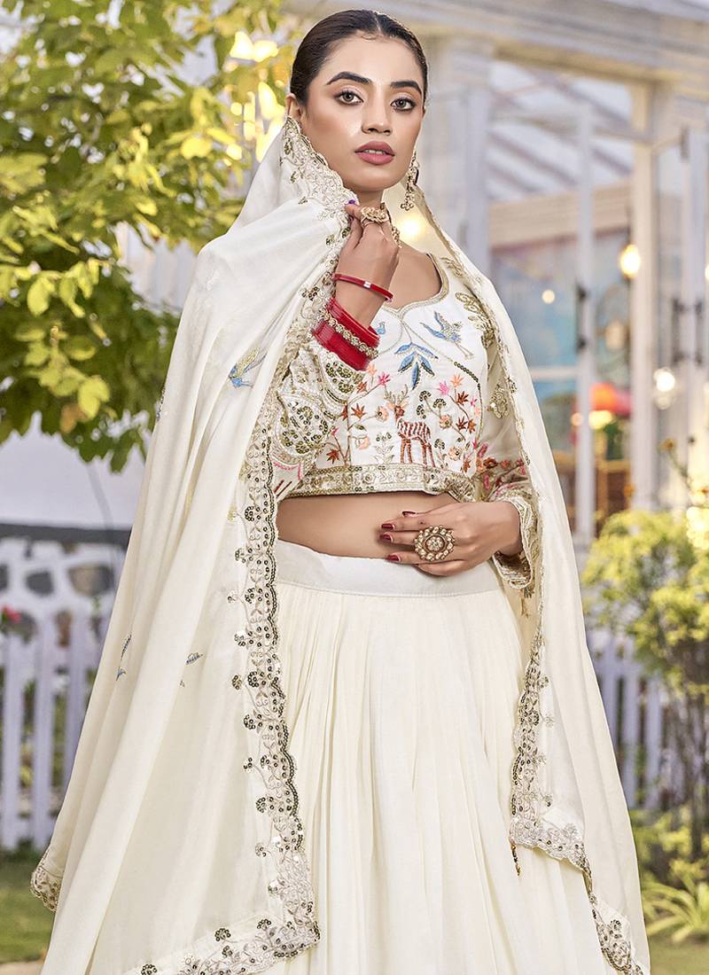 Off White Sequins Embroidered Polyester A Line Lehenga Choli with Dupatta