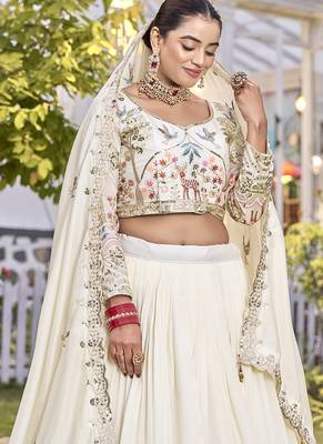 Off White Sequins Embroidered Polyester A Line Lehenga Choli with Dupatta 4