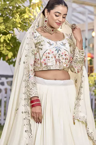 Off White Sequins Embroidered Polyester A Line Lehenga Choli with Dupatta