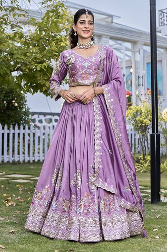 Lavender Sequins Embroidered Polyester A Line Lehenga Choli with Dupatta