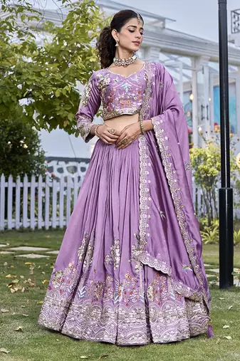 Lavender Sequins Embroidered Polyester A Line Lehenga Choli with Dupatta