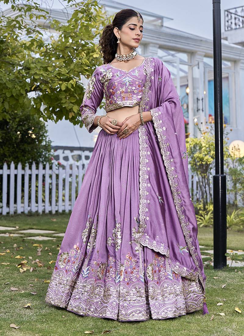 Lavender Sequins Embroidered Polyester A Line Lehenga Choli with Dupatta