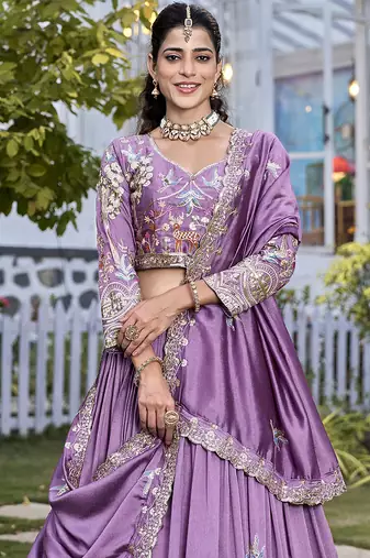 Lavender Sequins Embroidered Polyester A Line Lehenga Choli with Dupatta