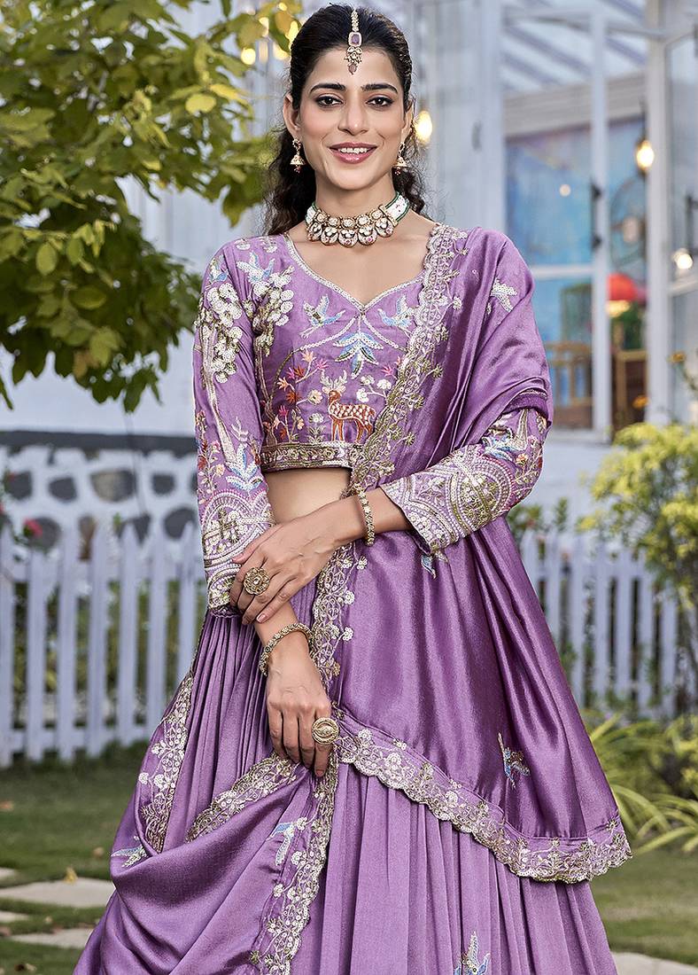Lavender Sequins Embroidered Polyester A Line Lehenga Choli with Dupatta