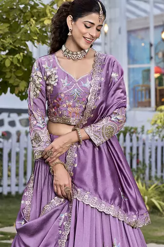 Lavender Sequins Embroidered Polyester A Line Lehenga Choli with Dupatta