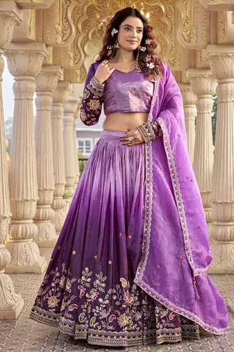 Purple Sequins Embroidered Silk Blend A Line Lehenga Choli with Dupatta