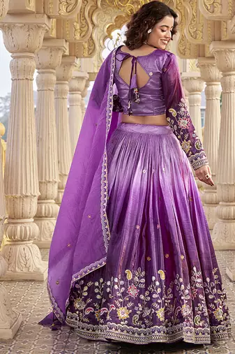 Purple Sequins Embroidered Silk Blend A Line Lehenga Choli with Dupatta