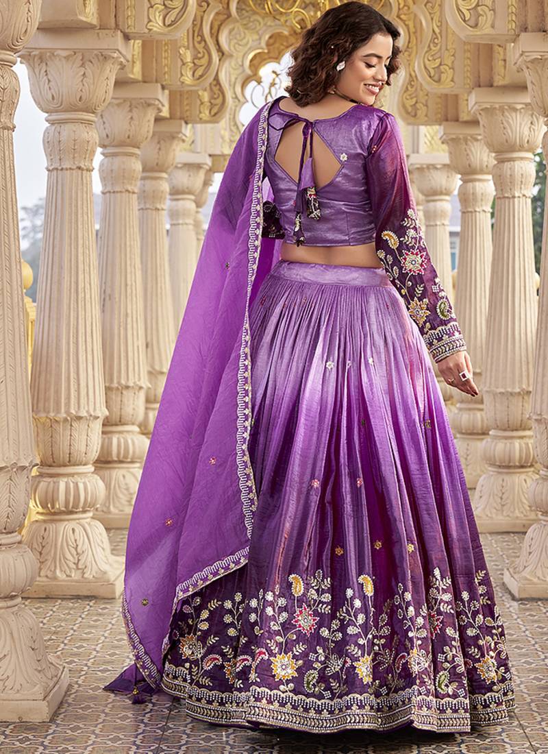 Purple Sequins Embroidered Silk Blend A Line Lehenga Choli with Dupatta