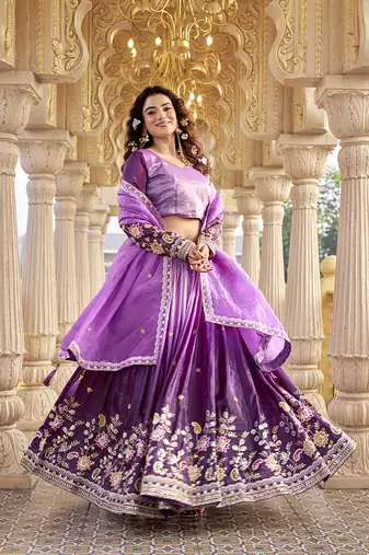 Purple Sequins Embroidered Silk Blend A Line Lehenga Choli with Dupatta