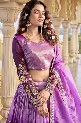 Purple Sequins Embroidered Silk Blend A Line Lehenga Choli with Dupatta