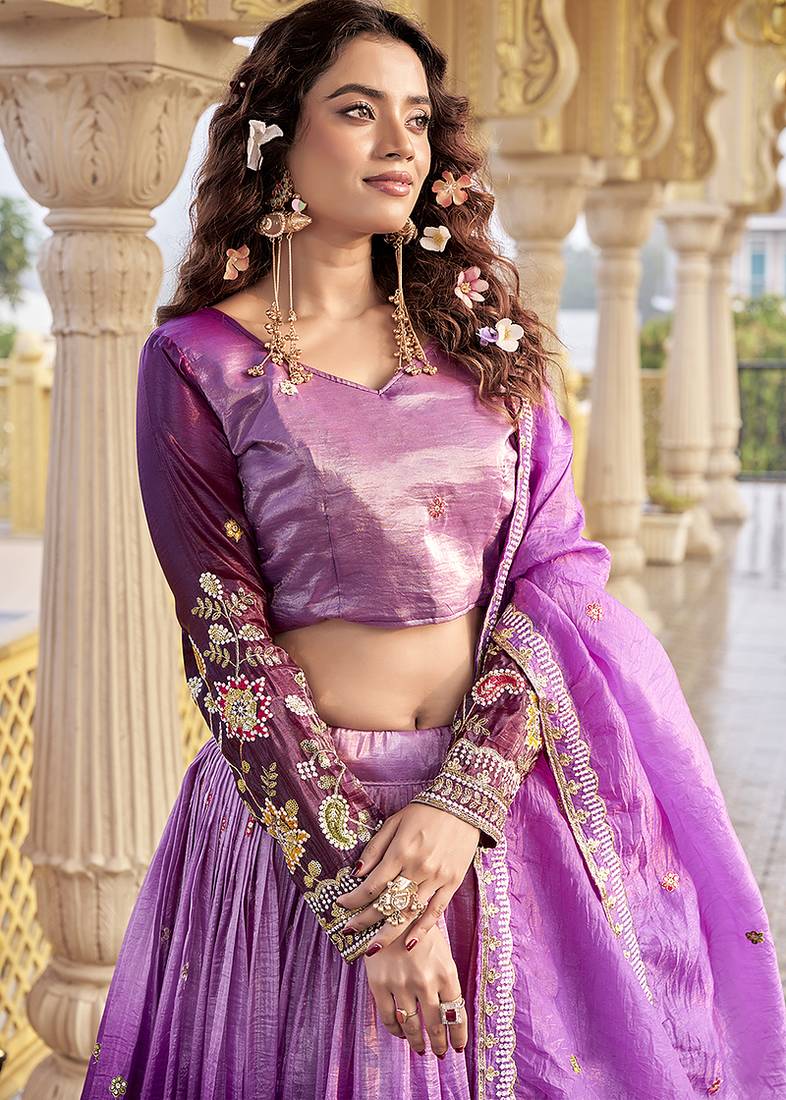 Purple Sequins Embroidered Silk Blend A Line Lehenga Choli with Dupatta