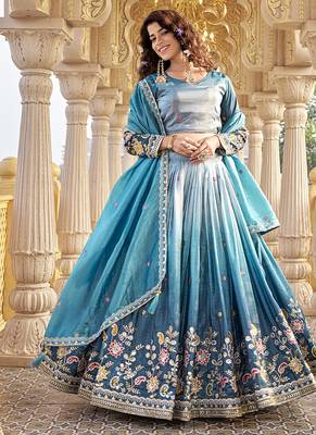 Sea Green Sequins Embroidered Silk Blend A Line Bridal Lehenga Choli with Dupatta 1