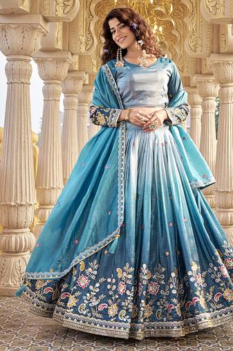 Sea Green Sequins Embroidered Silk Blend A Line Bridal Lehenga Choli with Dupatta