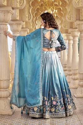 Sea Green Sequins Embroidered Silk Blend A Line Bridal Lehenga Choli with Dupatta 2