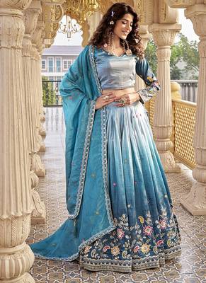 Sea Green Sequins Embroidered Silk Blend A Line Bridal Lehenga Choli with Dupatta 3