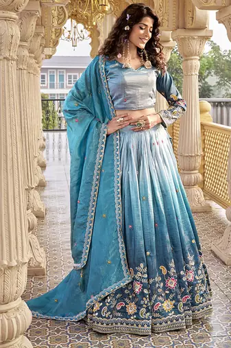 Sea Green Sequins Embroidered Silk Blend A Line Bridal Lehenga Choli with Dupatta