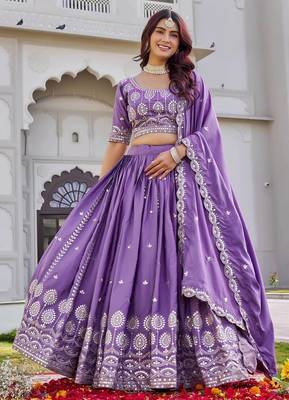 Purple Sequins Embroidered Crepe A Line Lehenga Choli with Dupatta 1