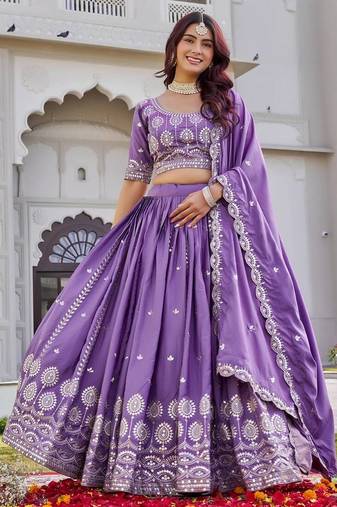 Purple Sequins Embroidered Crepe A Line Lehenga Choli with Dupatta