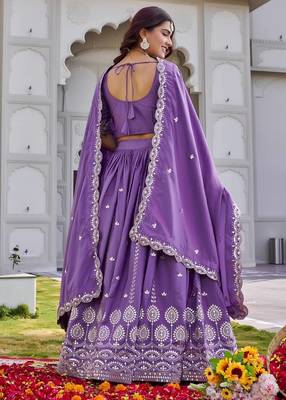 Purple Sequins Embroidered Crepe A Line Lehenga Choli with Dupatta 2