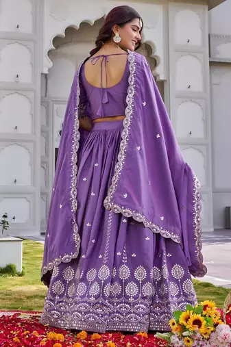 Purple Sequins Embroidered Crepe A Line Lehenga Choli with Dupatta