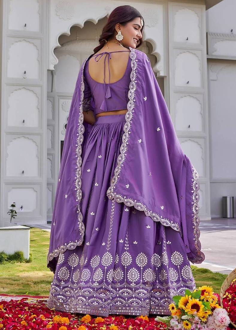Purple Sequins Embroidered Crepe A Line Lehenga Choli with Dupatta