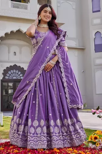 Purple Sequins Embroidered Crepe A Line Lehenga Choli with Dupatta