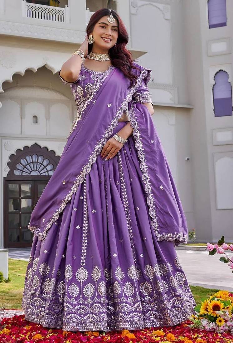 Purple Sequins Embroidered Crepe A Line Lehenga Choli with Dupatta