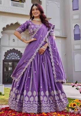 Purple Sequins Embroidered Crepe A Line Lehenga Choli with Dupatta 4