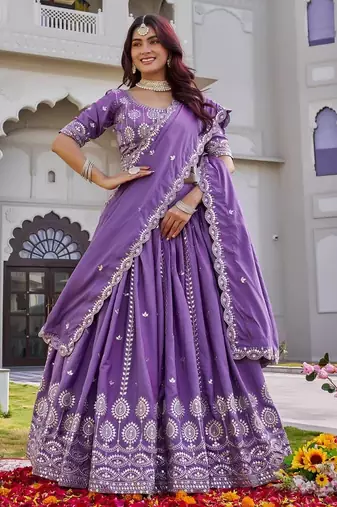 Purple Sequins Embroidered Crepe A Line Lehenga Choli with Dupatta