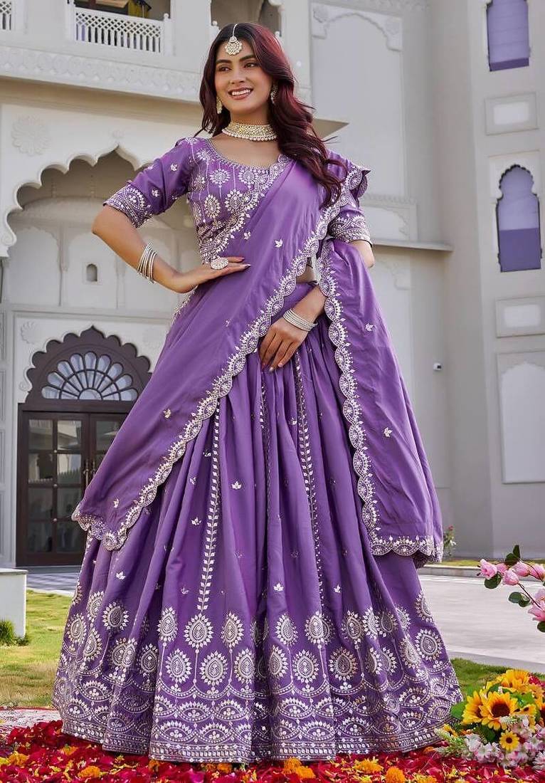 Purple Sequins Embroidered Crepe A Line Lehenga Choli with Dupatta
