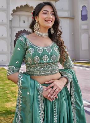 Sea Green Sequins Embroidered Crepe A Line Lehenga Choli with Dupatta 3