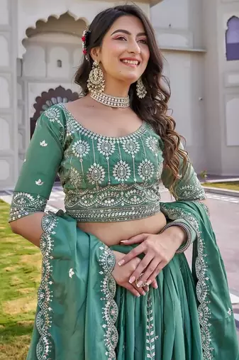 Sea Green Sequins Embroidered Crepe A Line Lehenga Choli with Dupatta