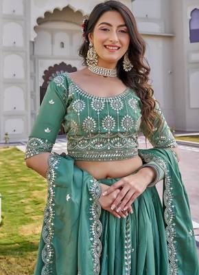 Sea Green Sequins Embroidered Crepe A Line Lehenga Choli with Dupatta 4