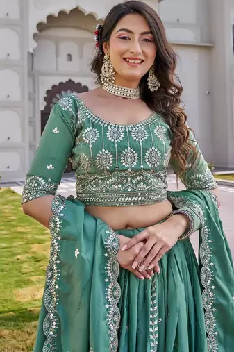 Sea Green Sequins Embroidered Crepe A Line Lehenga Choli with Dupatta