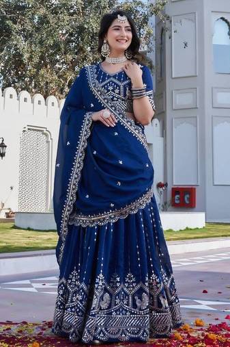 Blue Sequins Embroidered Polyester A Line Bridal Lehenga Choli with Dupatta