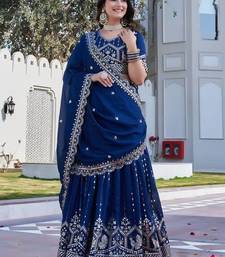 Blue Sequins Embroidered Polyester A Line Bridal Lehenga Choli with Dupatta