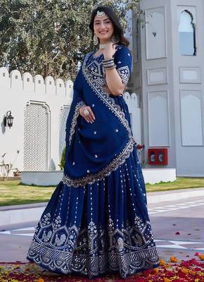 Blue Sequins Embroidered Polyester A Line Bridal Lehenga Choli with Dupatta 2