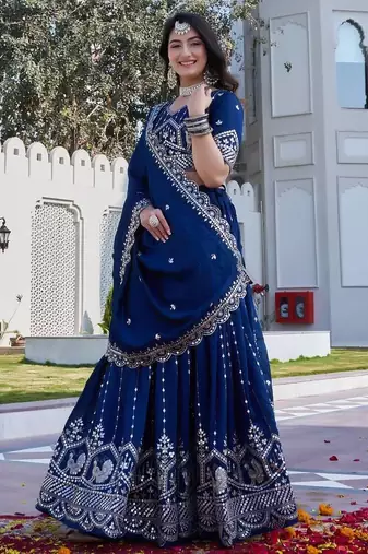 Blue Sequins Embroidered Polyester A Line Bridal Lehenga Choli with Dupatta
