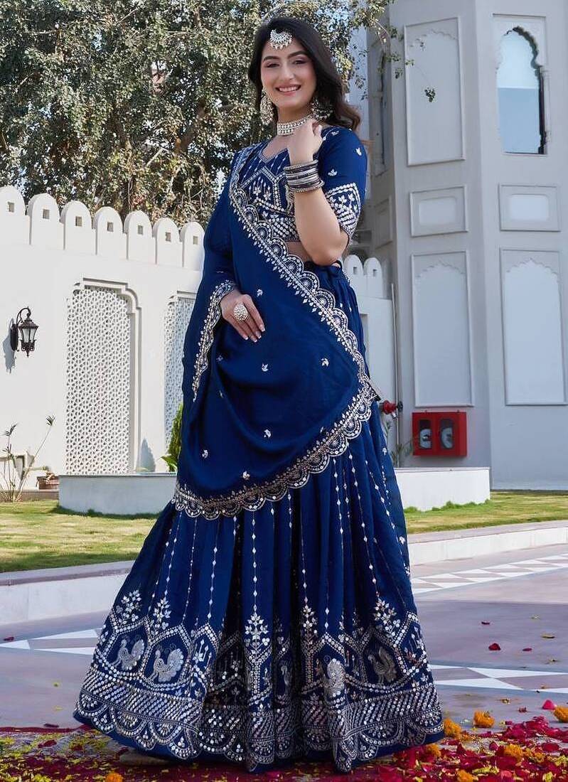 Blue Sequins Embroidered Polyester A Line Bridal Lehenga Choli with Dupatta