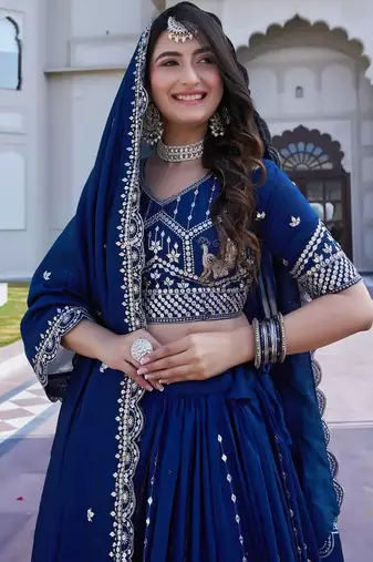 Blue Sequins Embroidered Polyester A Line Bridal Lehenga Choli with Dupatta