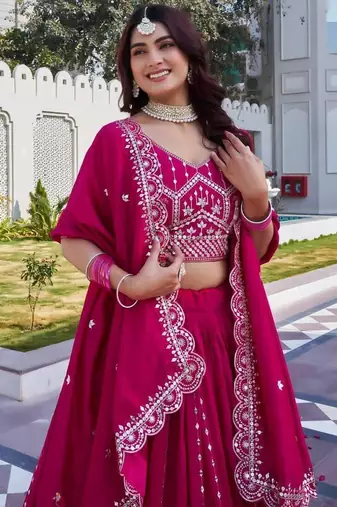 Magenta Sequins Embroidered Polyester A Line Lehenga Choli with Dupatta