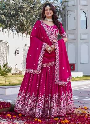 Magenta Sequins Embroidered Polyester A Line Lehenga Choli with Dupatta 4