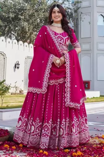 Magenta Sequins Embroidered Polyester A Line Lehenga Choli with Dupatta