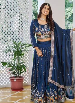 Blue Sequins Embroidered Polyester A Line Lehenga Choli with Dupatta 1