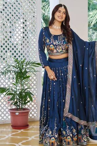 Blue Sequins Embroidered Polyester A Line Lehenga Choli with Dupatta