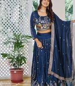 Blue Sequins Embroidered Polyester A Line Lehenga Choli with Dupatta