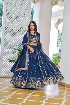 Blue Sequins Embroidered Polyester A Line Lehenga Choli with Dupatta 2